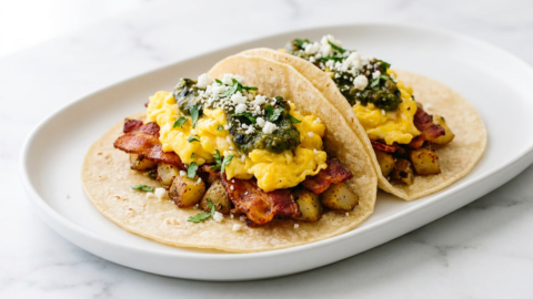 Warm breakfast tacos on a ceramic plate atop white marble, filled with bacon-fat scrambled eggs, cotija, and poblano salsa.