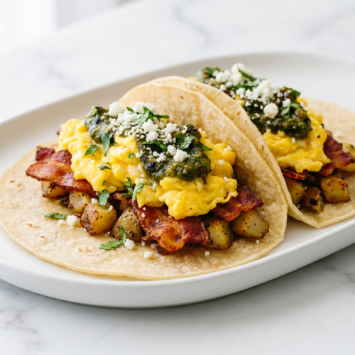 Warm breakfast tacos on a ceramic plate atop white marble, filled with bacon-fat scrambled eggs, cotija, and poblano salsa.