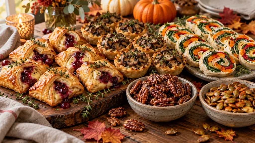 A professional food photography spread of various Thanksgiving appetizers including cranberry brie bites, mushroom tartlets, and veggie pinwheels on a wooden table.