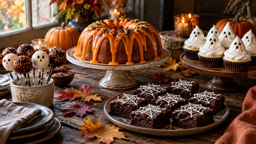 A professional dessert table spread featuring various halloween dessert ideas including a bundt cake, ghost cupcakes, spiderweb brownies, and festive cake pops.
