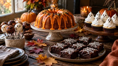A professional dessert table spread featuring various halloween dessert ideas including a bundt cake, ghost cupcakes, spiderweb brownies, and festive cake pops.