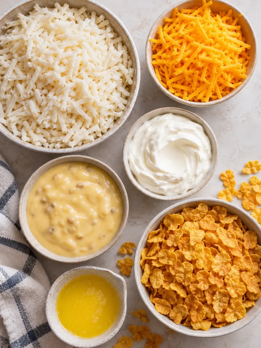 A flat-lay arrangement of ingredients, including frozen hash brown potatoes, cheddar cheese, sour cream, cream of chicken soup, corn flakes, and melted butter