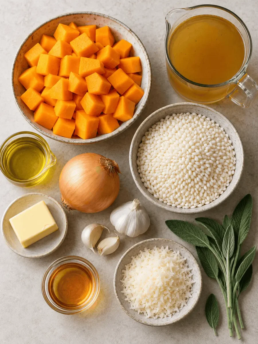 A selection of ingredients for butternut squash risotto, including butternut squash, Arborio rice, olive oil, and Parmesan cheese