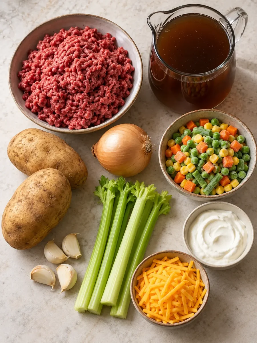 A flat-lay arrangement of the ingredients for the shepherd's pie soup recipe, including ground beef, potatoes, onion, celery, garlic, frozen mixed vegetables, beef broth, Greek yogurt, and shredded cheddar cheese.