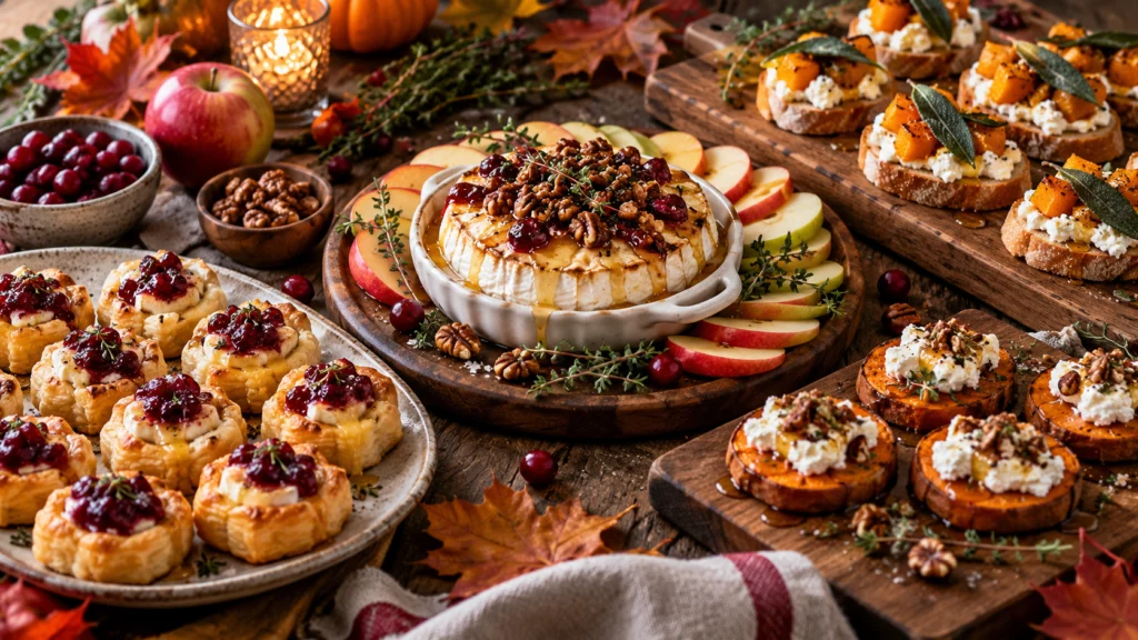 A professional food photography spread of five savory fall appetizers including cranberry brie bites, butternut squash crostini, and mushroom tartlets on a rustic wooden table.