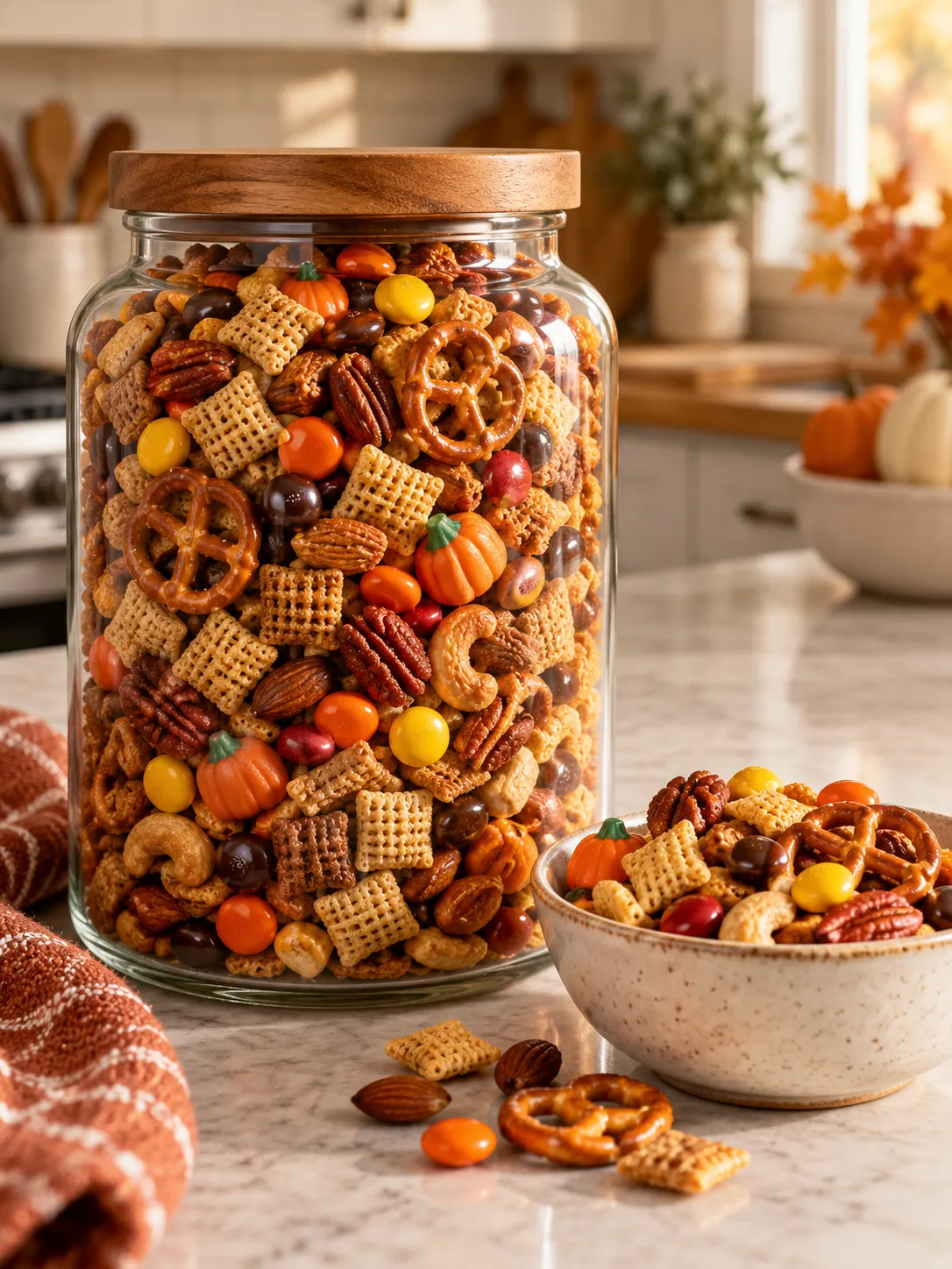 A tall glass storage jar filled with the glazed fall snack mix, highlighting its shelf-stable quality.