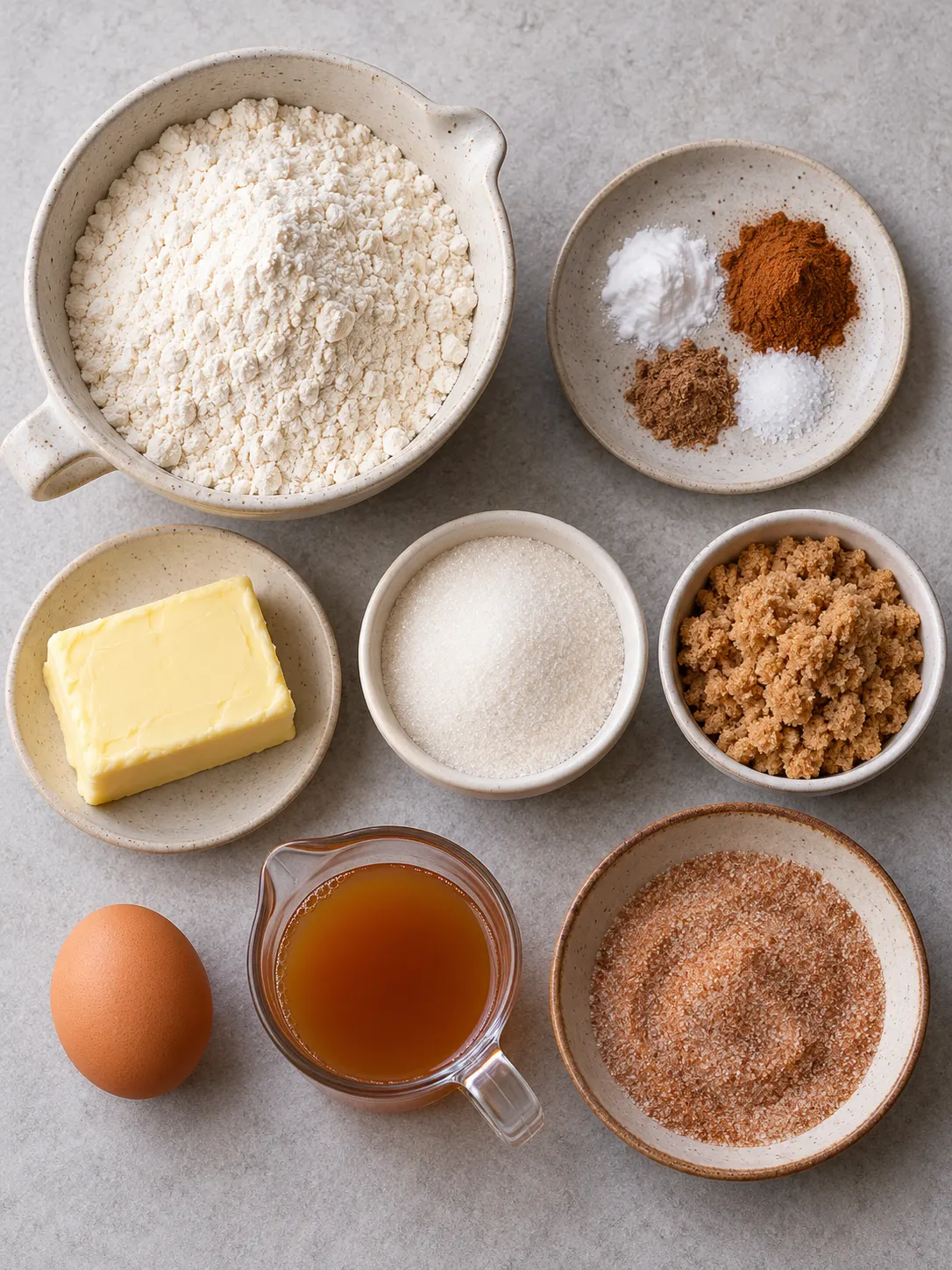 All raw ingredients for apple cider cookies laid out on a light grey countertop: flour, baking soda, cinnamon, nutmeg, salt, butter, granulated sugar, brown sugar, egg, reduced apple cider, and cinnamon sugar.