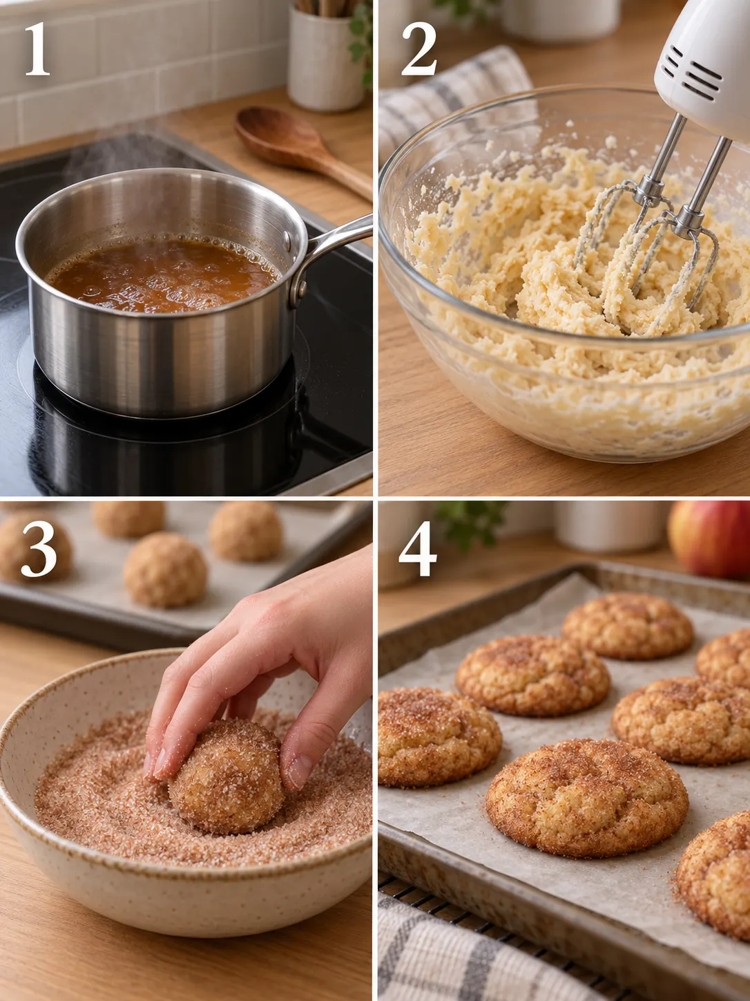A four-panel vertical collage showing the steps to make apple cider cookies: 1. Reducing apple cider. 2. Creaming butter and sugars. 3. Rolling dough in cinnamon sugar. 4. Freshly baked cookies on a baking sheet.