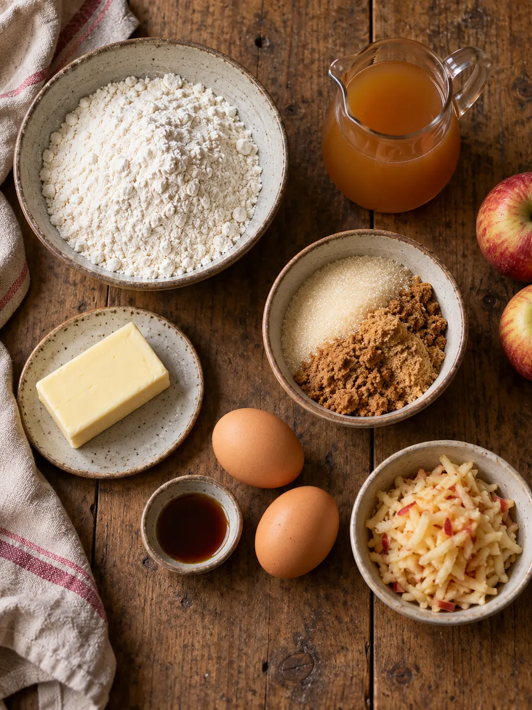 A flat-lay arrangement of ingredients, including flour, apple cider, sugars, butter, eggs, vanilla extract, and grated apple, on a wooden surface