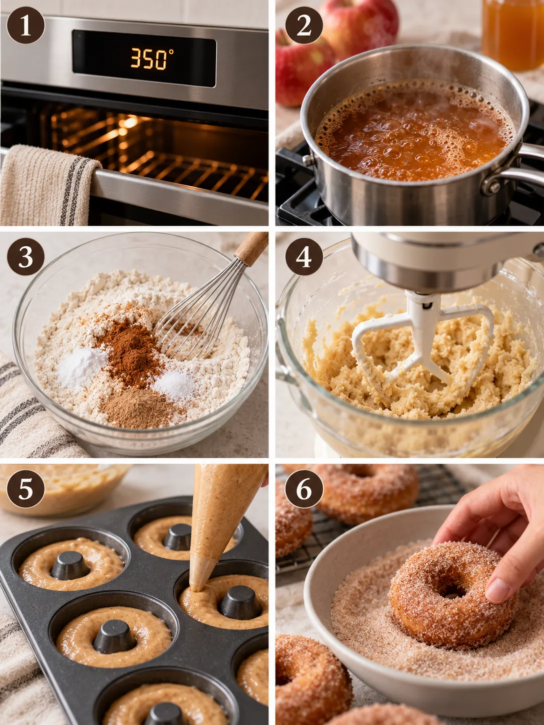 A 6-panel collage of key steps in the apple cider donut recipe, including preheating, reducing apple cider, whisking dry ingredients, beating butter and sugars, filling the donut pan, and dredging donuts in sugar