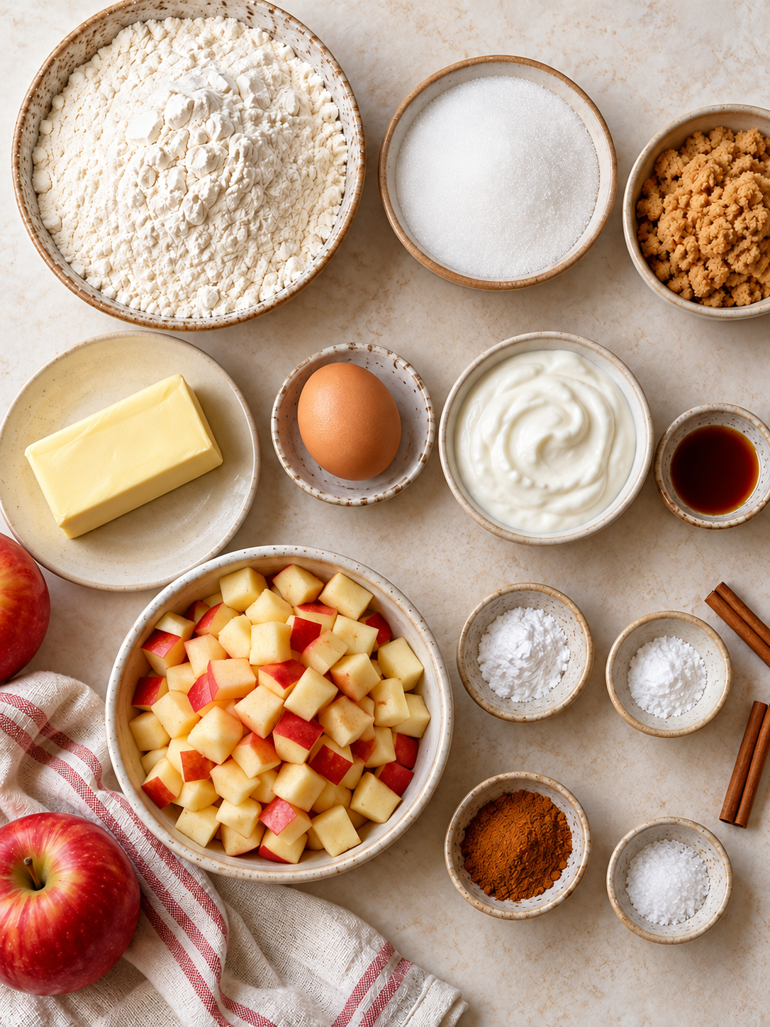 A flat-lay arrangement of ingredients for the apple cinnamon muffin recipe, including flour, sugar, butter, eggs, and diced apples