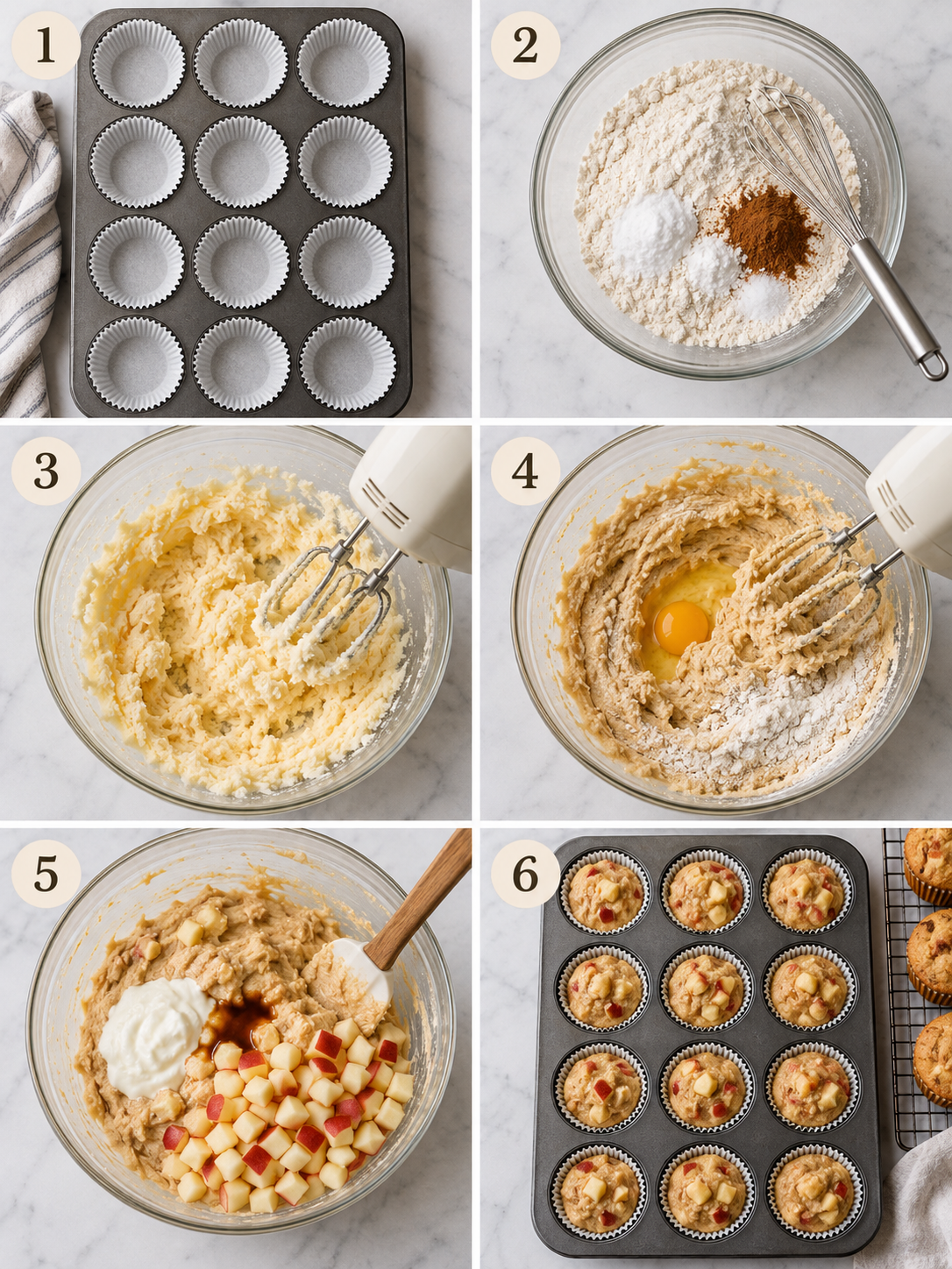 A step-by-step cooking instructions collage for the apple cinnamon muffin recipe, with 6 panels representing key steps