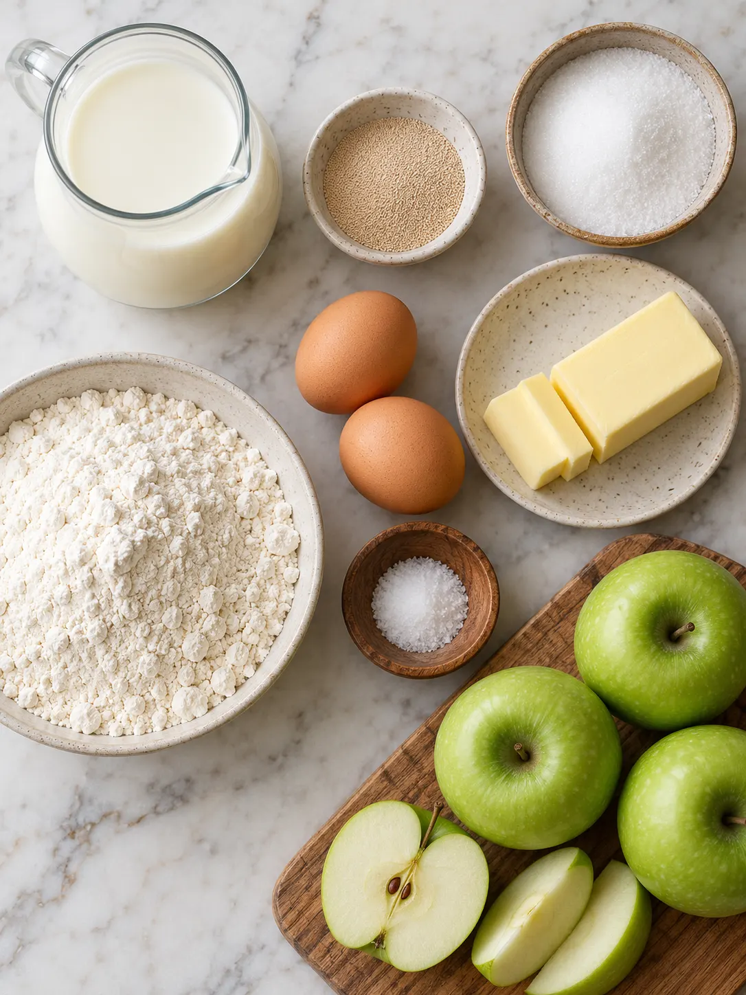 A collection of ingredients, including milk, yeast, sugar, butter, eggs, flour, and apples, arranged on a light-colored surface