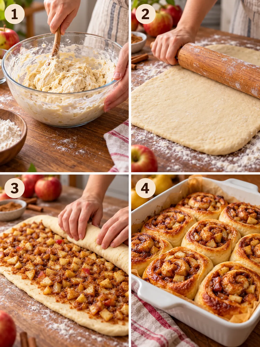 A step-by-step collage of the apple cinnamon roll recipe, showing various stages of preparation and baking