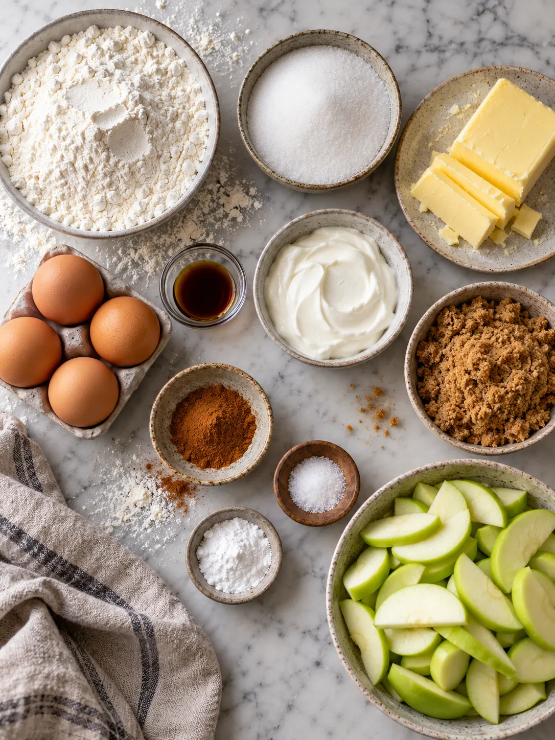 A collection of ingredients including flour, sugar, butter, eggs, vanilla extract, sour cream, cinnamon, brown sugar, baking powder, salt, and sliced apples, arranged in a flat-lay on a marble countertop.