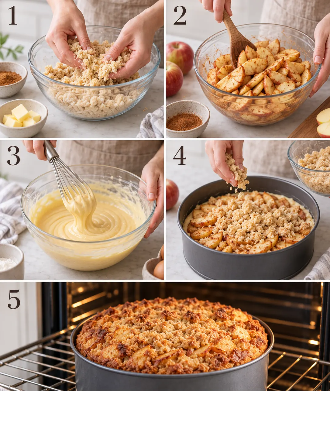 A vertical collage of images showing the preparation of the crumb topping, apple filling, cake batter, assembly, and baking of the apple crumble cake, with clear step numbers.