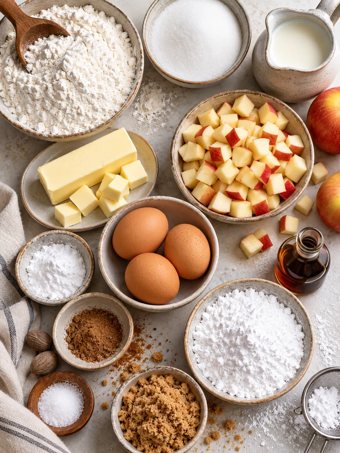 A flat-lay arrangement of ingredients, including flour, sugar, butter, milk, eggs, baking powder, nutmeg, salt, apples, brown sugar, confectioners' sugar, and vanilla extract.