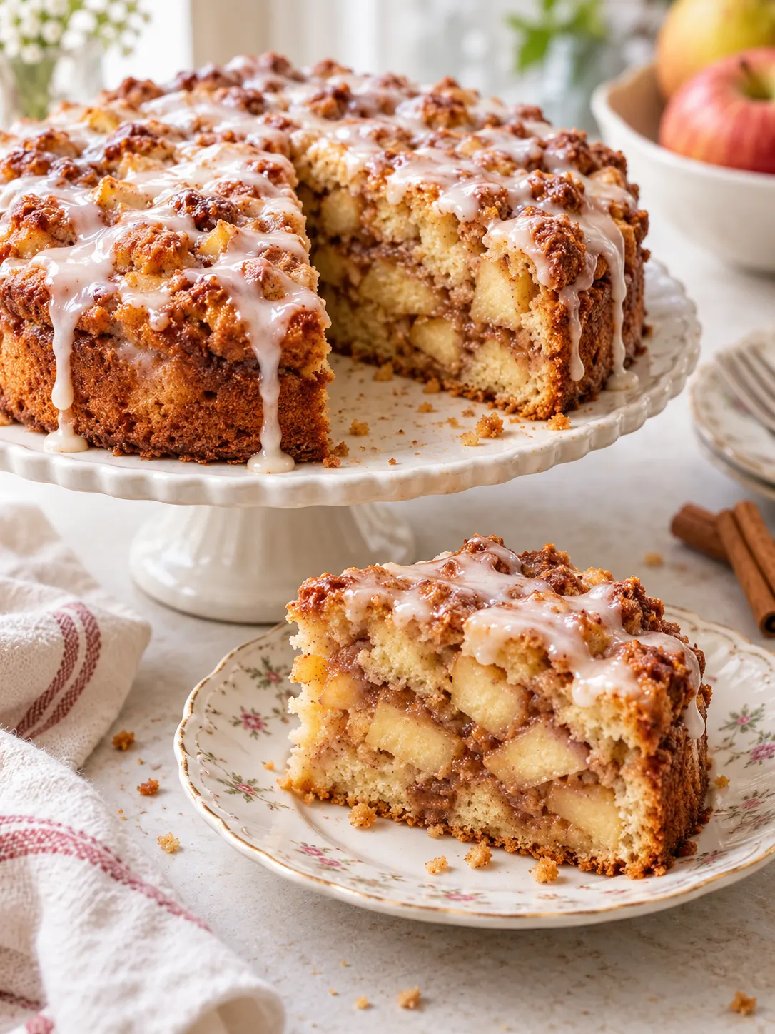 A beautifully styled serving presentation of the apple fritter cake, with a few slices cut and arranged on a decorative plate.
