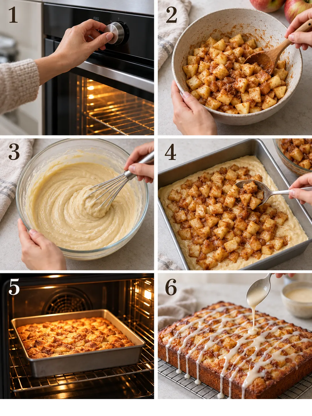 A vertical collage of images showing the key steps in making an apple fritter cake, including preheating the oven, preparing the apple mixture, mixing the batter, and baking the cake.