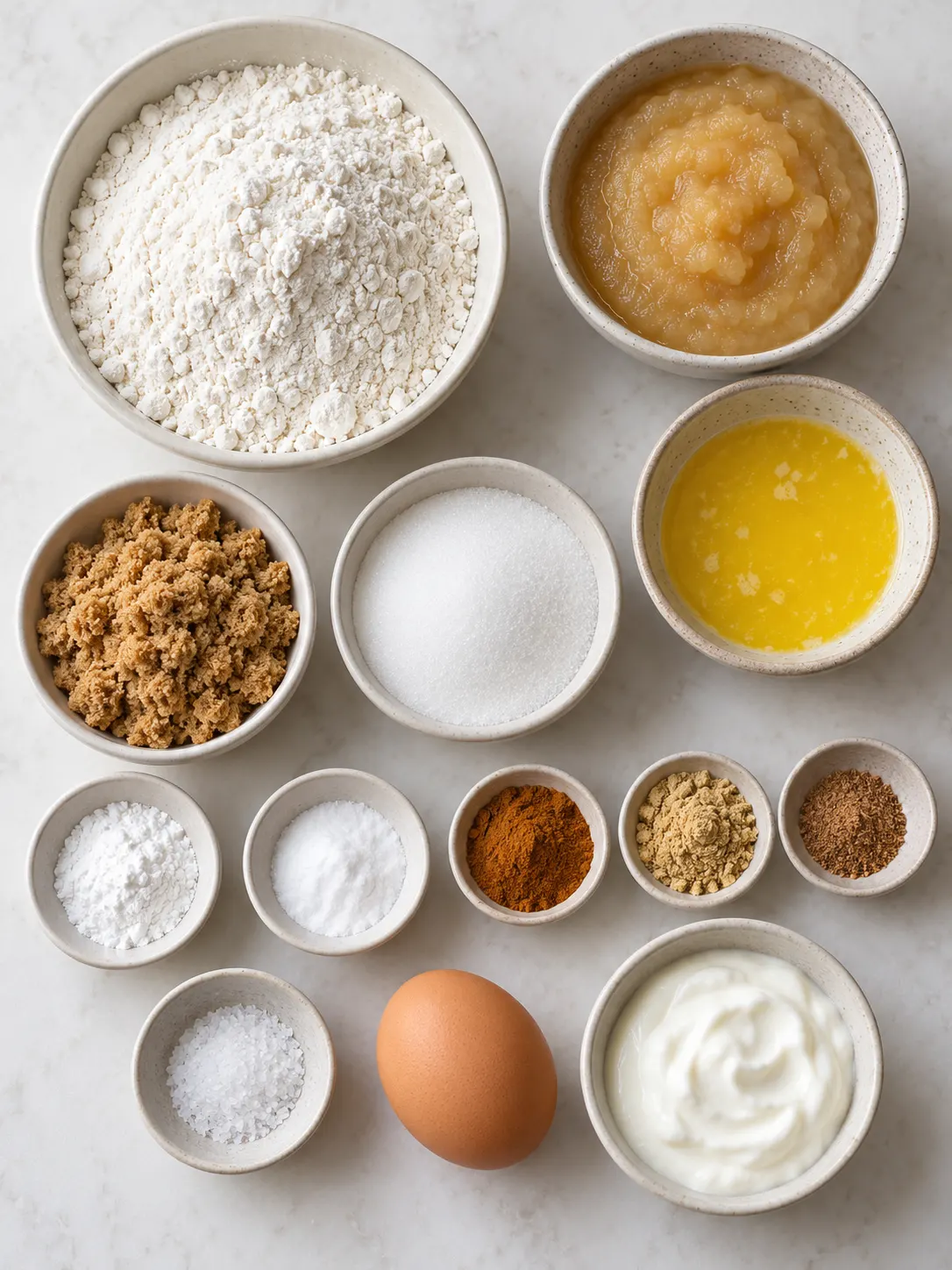 A flat-lay arrangement of ingredients for the applesauce bread recipe, including flour, applesauce, butter, sugars, spices, and eggs