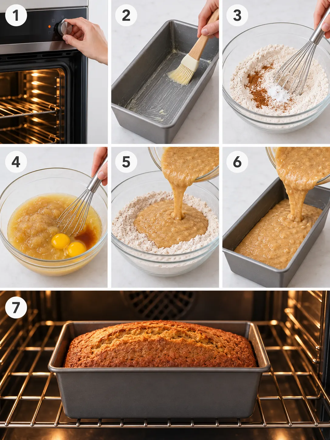 A step-by-step guide to making applesauce bread, including preheating the oven, mixing the ingredients, and baking the bread