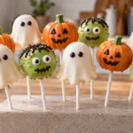 A colorful variety of Halloween cake pops decorated as ghosts, pumpkins, and monsters, standing upright on a counter.