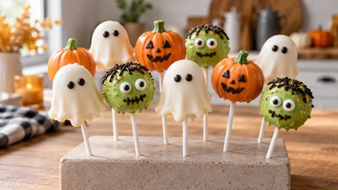 A colorful variety of Halloween cake pops decorated as ghosts, pumpkins, and monsters, standing upright on a counter.
