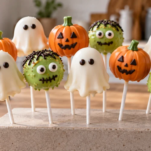 A colorful variety of Halloween cake pops decorated as ghosts, pumpkins, and monsters, standing upright on a counter.