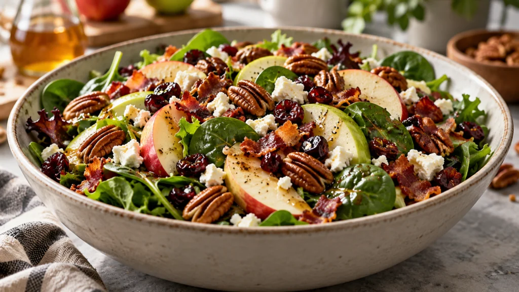Fall Apple A large ceramic bowl filled with a fresh fall salad containing red and green apple slices, toasted pecans, feta cheese, and dried cranberries on a bed of mixed greens.
