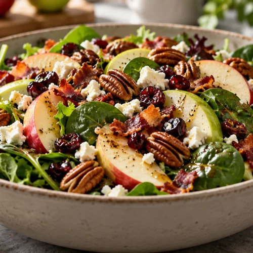 Fall Apple A large ceramic bowl filled with a fresh fall salad containing red and green apple slices, toasted pecans, feta cheese, and dried cranberries on a bed of mixed greens.