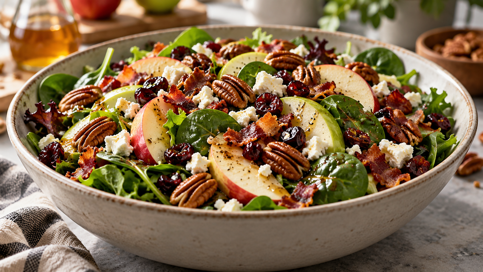 Fall Apple A large ceramic bowl filled with a fresh fall salad containing red and green apple slices, toasted pecans, feta cheese, and dried cranberries on a bed of mixed greens.