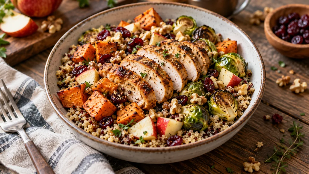 A warm and inviting autumn harvest bowl filled with roasted sweet potatoes, Brussels sprouts, chopped apple, walnuts, and cranberries, topped with sliced cooked chicken breast.