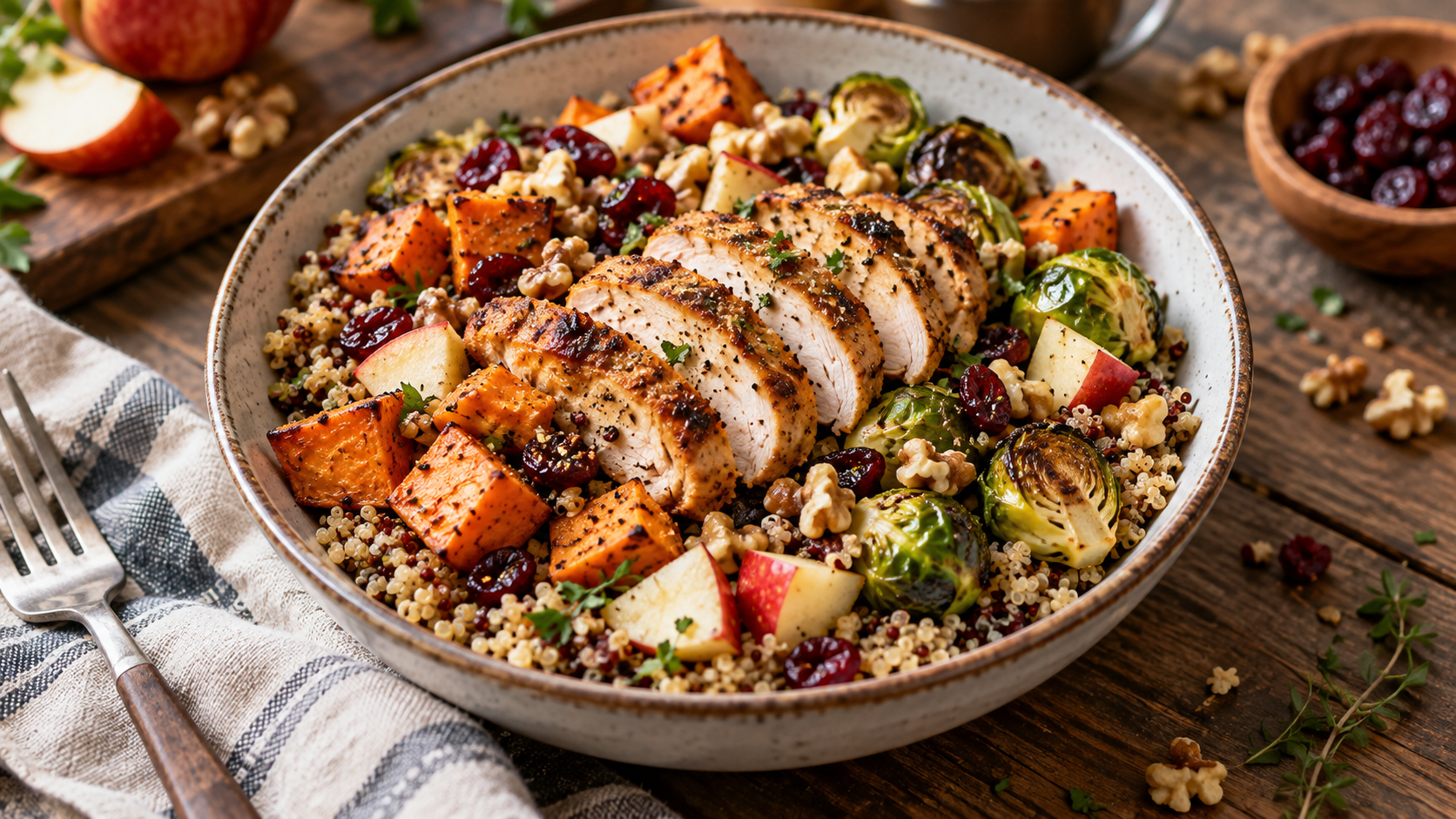A warm and inviting autumn harvest bowl filled with roasted sweet potatoes, Brussels sprouts, chopped apple, walnuts, and cranberries, topped with sliced cooked chicken breast.