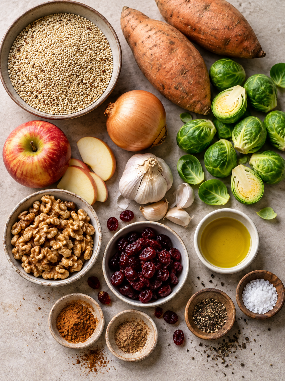 A flat-lay arrangement of ingredients for the autumn harvest bowl recipe, including quinoa, sweet potatoes, onion, garlic, Brussels sprouts, apple, walnuts, and cranberries.