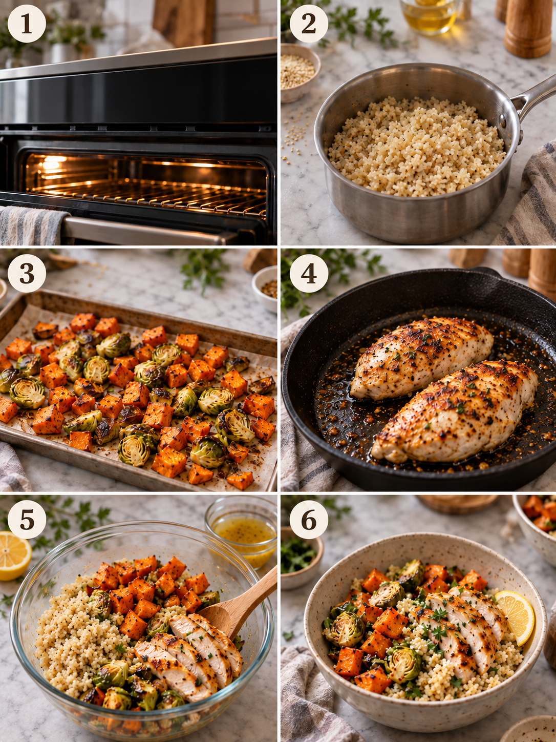 A step-by-step guide to preparing the autumn harvest bowl recipe, including cooking the quinoa, roasting the sweet potatoes and Brussels sprouts, and combining the ingredients.