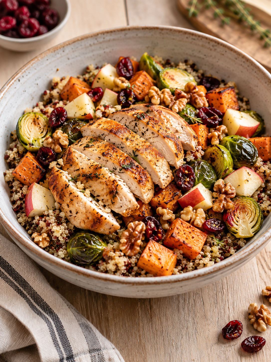 A warm and inviting serving presentation of the autumn harvest bowl recipe, filled with roasted sweet potatoes, Brussels sprouts, chopped apple, walnuts, and cranberries, topped with sliced cooked chicken breast.