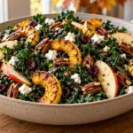 A large bowl of fall kale salad featuring dark green massaged kale, roasted delicata squash, sliced apples, pecans, and goat cheese on a wooden table.