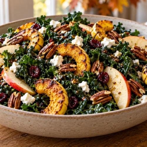 A large bowl of fall kale salad featuring dark green massaged kale, roasted delicata squash, sliced apples, pecans, and goat cheese on a wooden table.