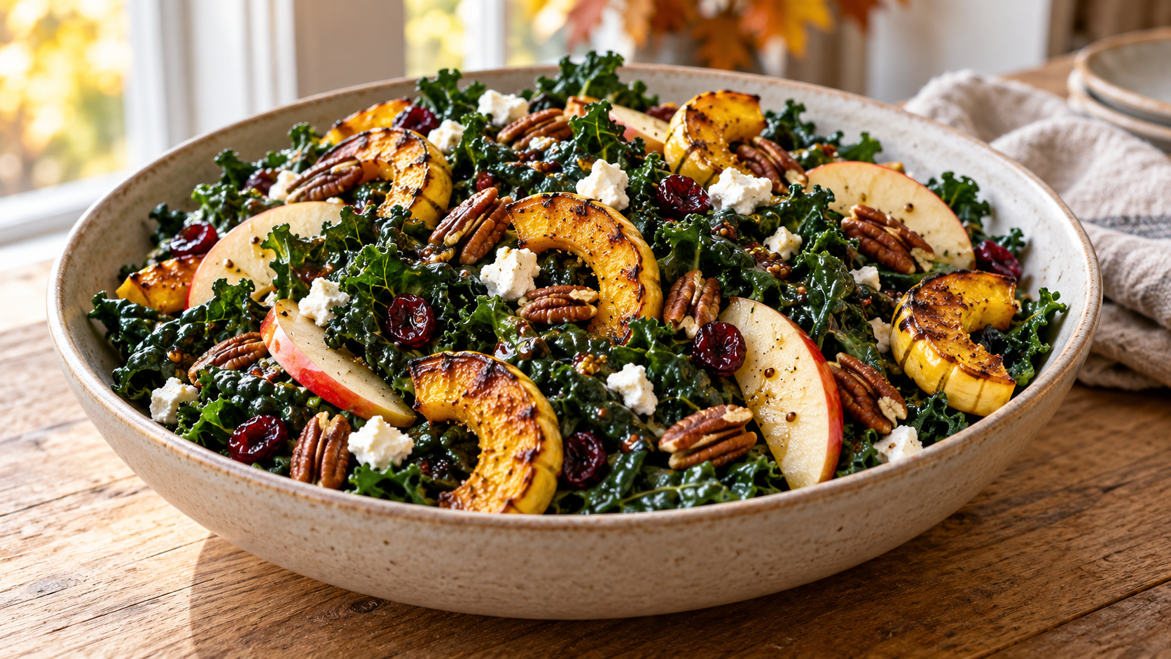 A large bowl of fall kale salad featuring dark green massaged kale, roasted delicata squash, sliced apples, pecans, and goat cheese on a wooden table.
