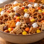A large ceramic bowl filled with a colorful fall snack mix including cereals, pretzels, cheddar crackers, candy corn, and mini marshmallows on a light wood surface.