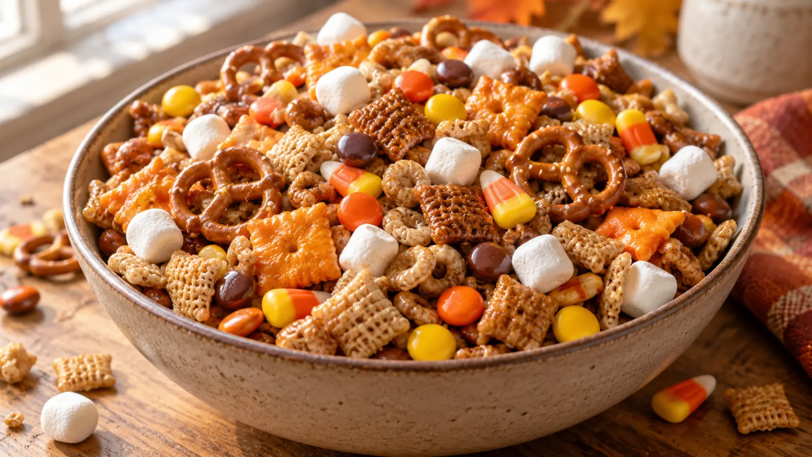 A large ceramic bowl filled with a colorful fall snack mix including cereals, pretzels, cheddar crackers, candy corn, and mini marshmallows on a light wood surface.