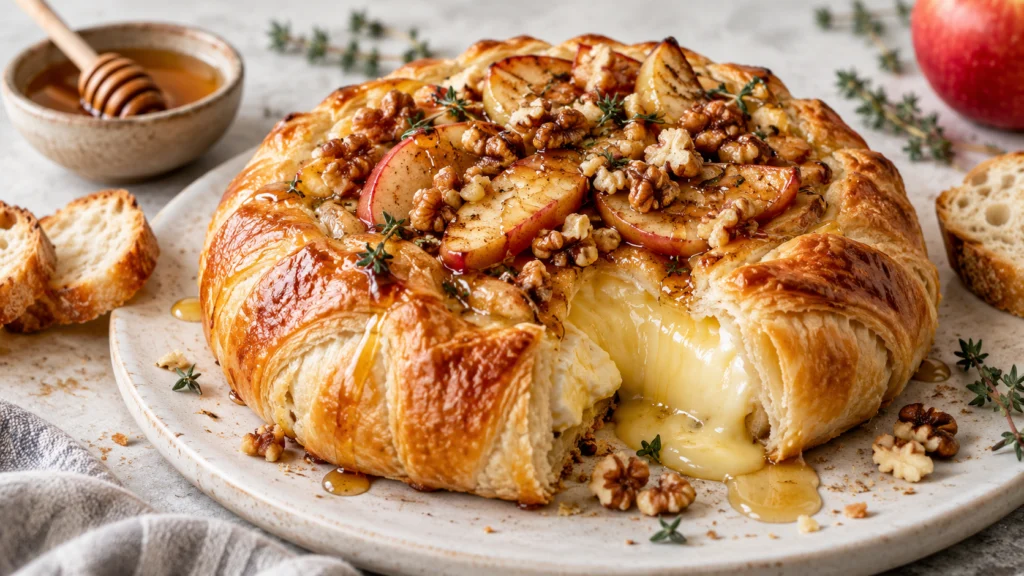 A baked Brie cheese wheel wrapped in puff pastry, topped with sliced apples, chopped walnuts, and a drizzle of honey.