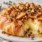 A baked Brie cheese wheel wrapped in puff pastry, topped with sliced apples, chopped walnuts, and a drizzle of honey.