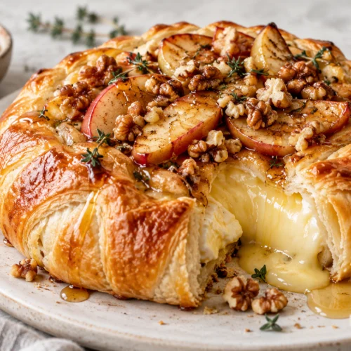 A baked Brie cheese wheel wrapped in puff pastry, topped with sliced apples, chopped walnuts, and a drizzle of honey.