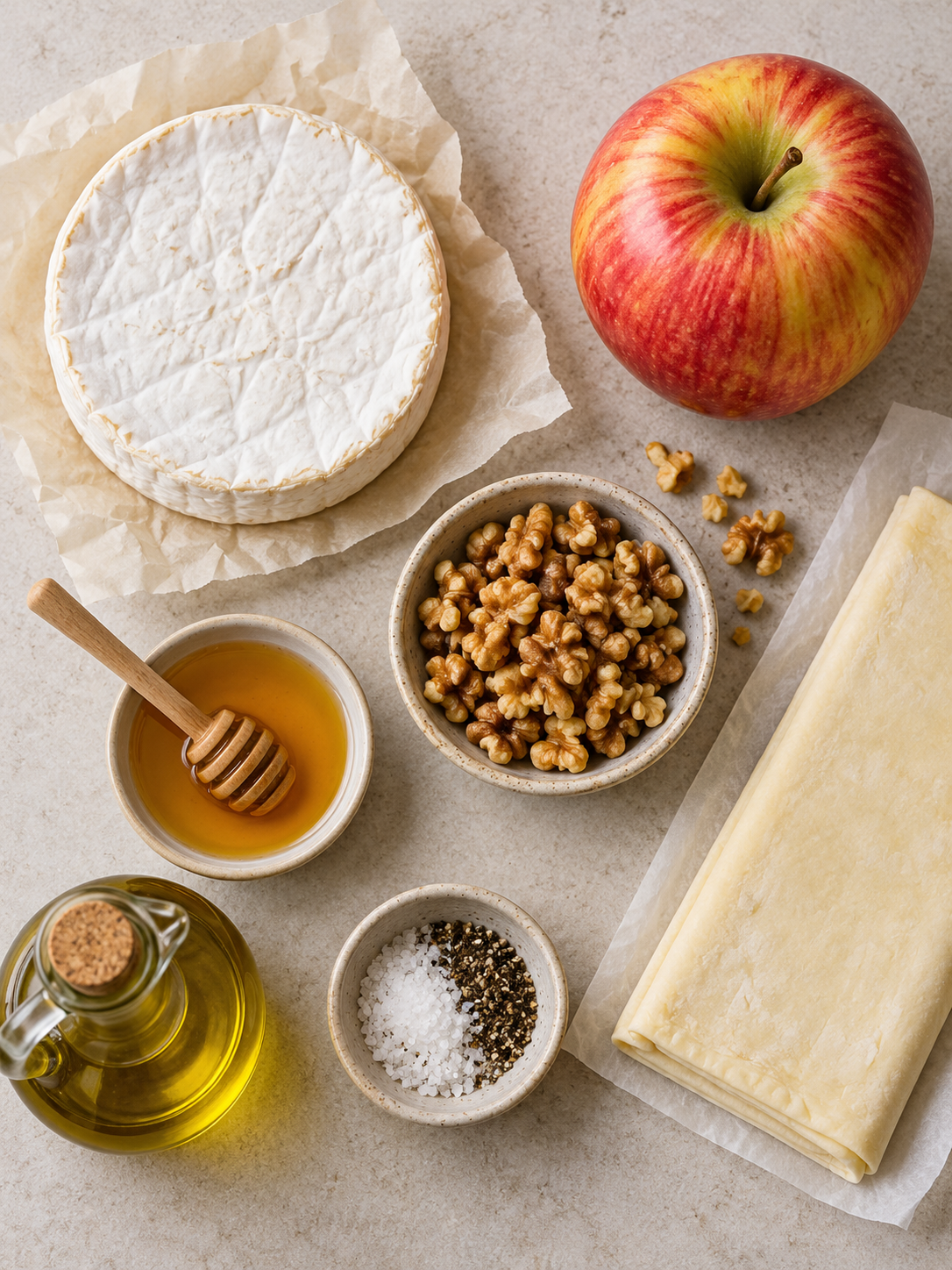 A flat-lay arrangement of Brie cheese, Honeycrisp apple, chopped walnuts, honey, puff pastry, olive oil, salt, and pepper.