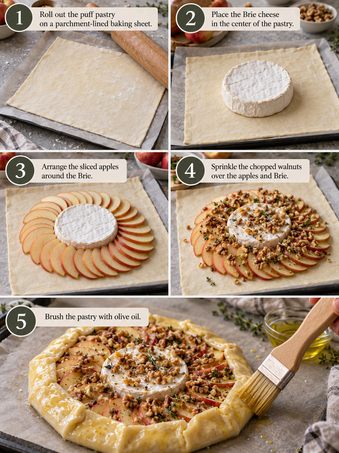 A step-by-step collage of cooking instructions, showing the preparation of baked Brie with apples.