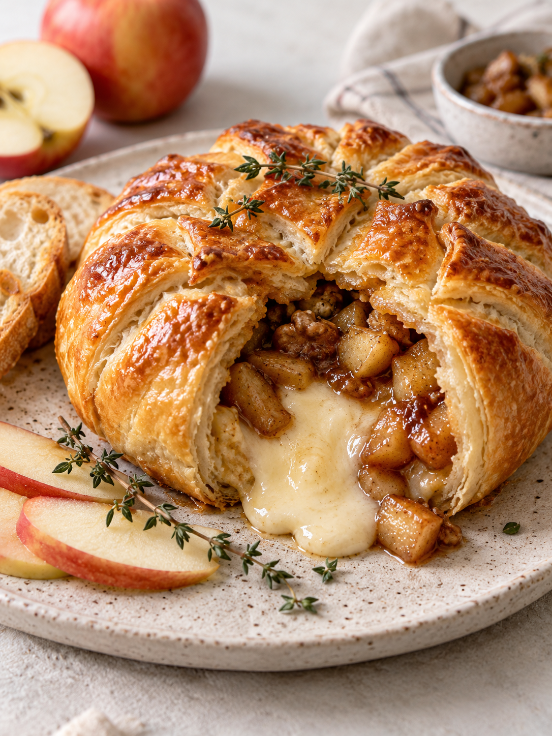 A beautifully presented baked Brie with apples, freshly baked and cooled, on a neutral surface.