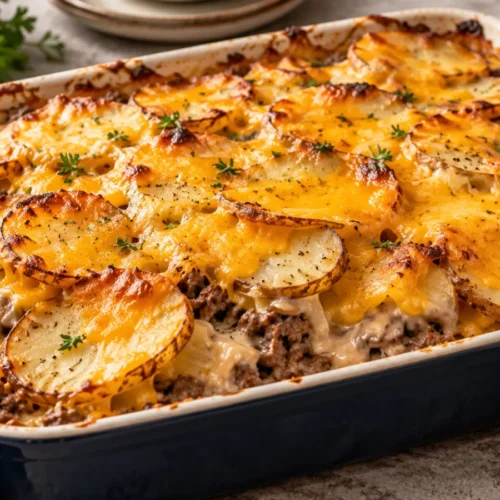 A wide shot of a bubbling hamburger and potato casserole in a white baking dish, topped with melted cheddar cheese and golden potato rounds.