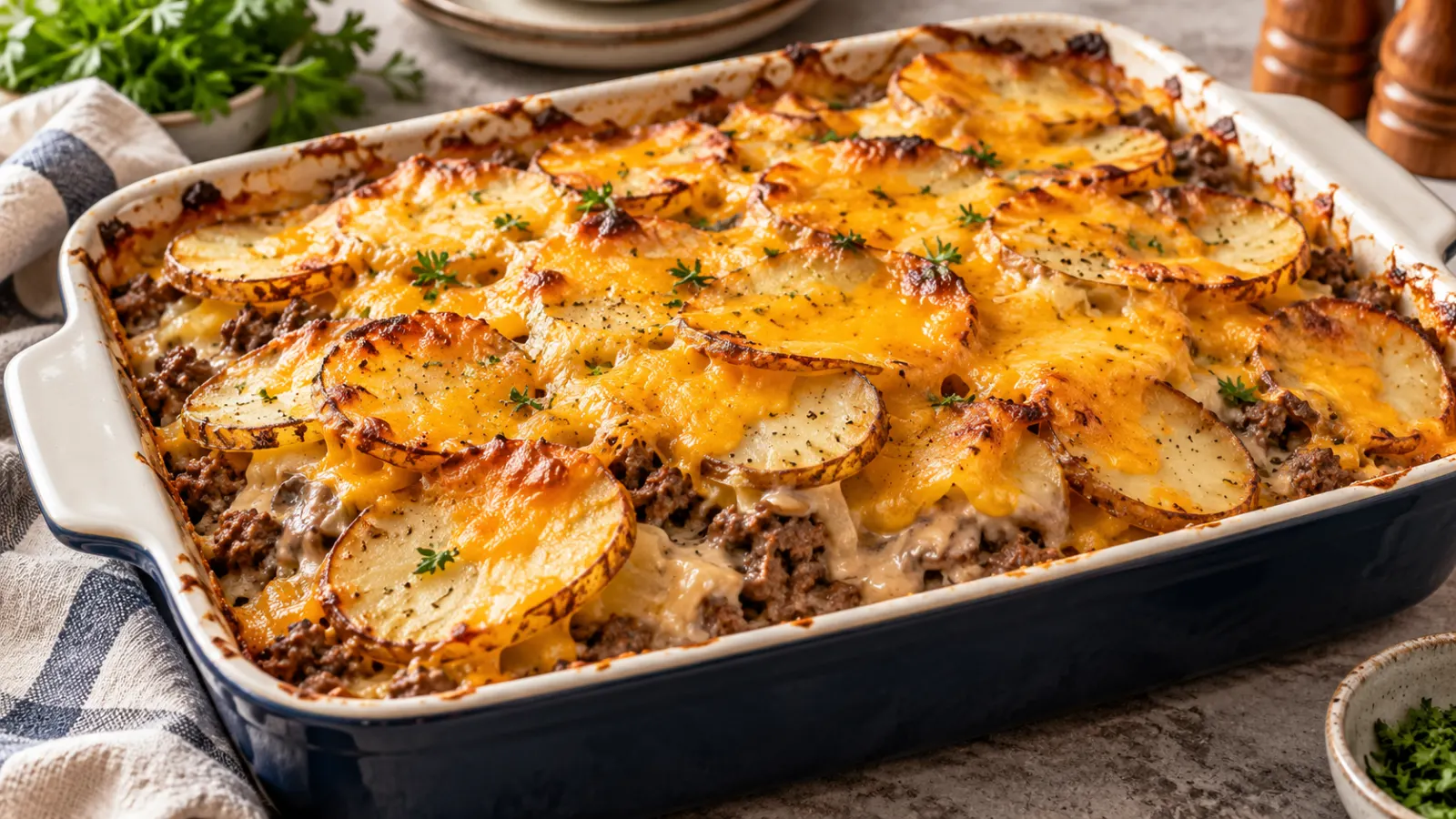 A wide shot of a bubbling hamburger and potato casserole in a white baking dish, topped with melted cheddar cheese and golden potato rounds.