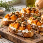 A beautifully arranged butternut squash crostini on a wooden cutting board, with ricotta cheese, roasted butternut squash, and toasted walnuts.